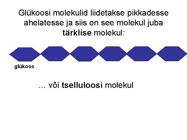 Glükoosi molekulid liidetakse pikkadesse ahelatesse ja siis on see molekul juba tärklise molekul: glükoos