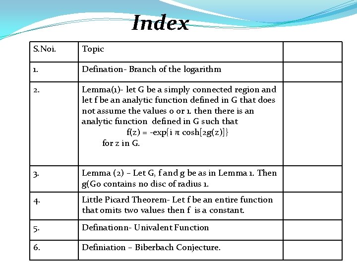 Index S. Noi. Topic 1. Defination- Branch of the logarithm 2. Lemma(1)- let G