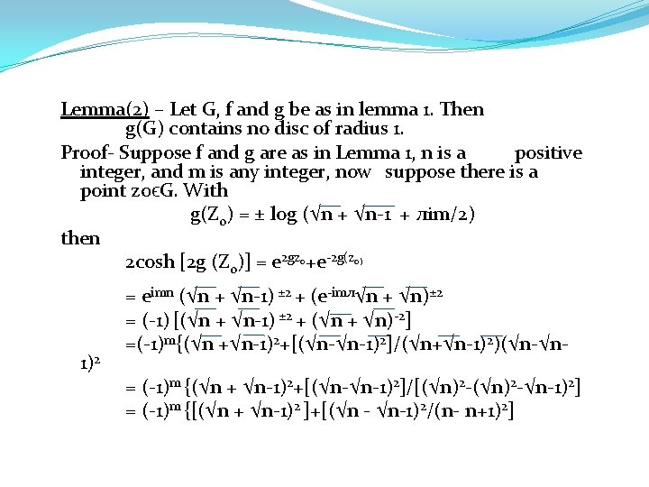 Lemma(2) – Let G, f and g be as in lemma 1. Then g(G)