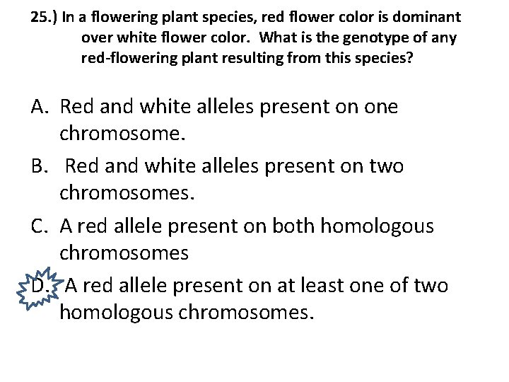 25. ) In a flowering plant species, red flower color is dominant over white