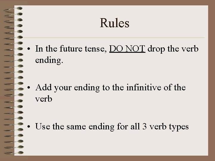 Rules • In the future tense, DO NOT drop the verb ending. • Add