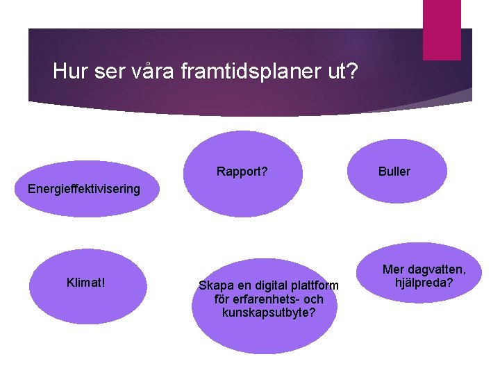 Hur ser våra framtidsplaner ut? Rapport? Buller Energieffektivisering Klimat! Skapa en digital plattform för