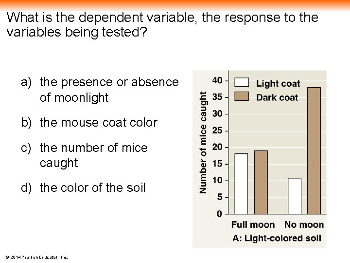 What is the dependent variable, the response to the variables being tested? a) the