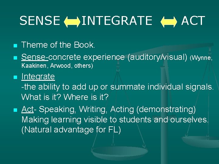 SENSE n n INTEGRATE ACT Theme of the Book. Sense-concrete experience (auditory/visual) (Wynne, Kaakinen,