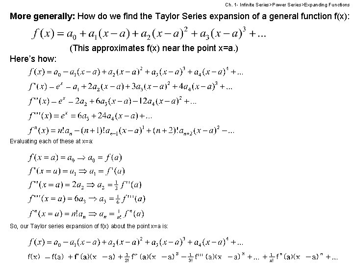 Ch. 1 - Infinite Series>Power Series>Expanding Functions More generally: How do we find the
