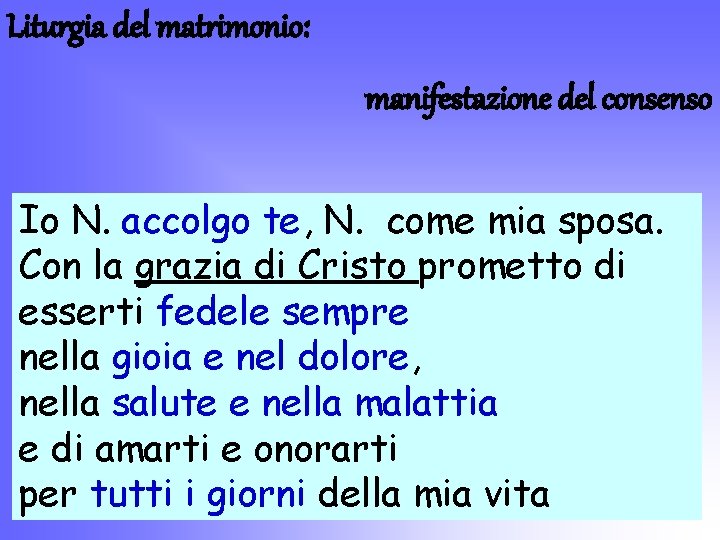 Liturgia del matrimonio: manifestazione del consenso Io N. accolgo te, N. come mia sposa.