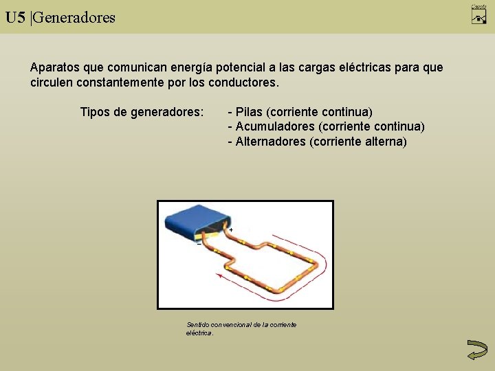 U 5 |Generadores Aparatos que comunican energía potencial a las cargas eléctricas para que
