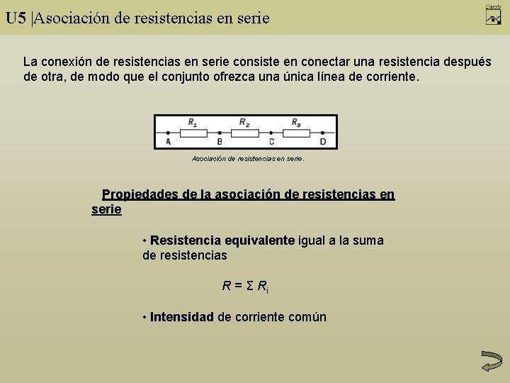 U 5 |Asociación de resistencias en serie La conexión de resistencias en serie consiste
