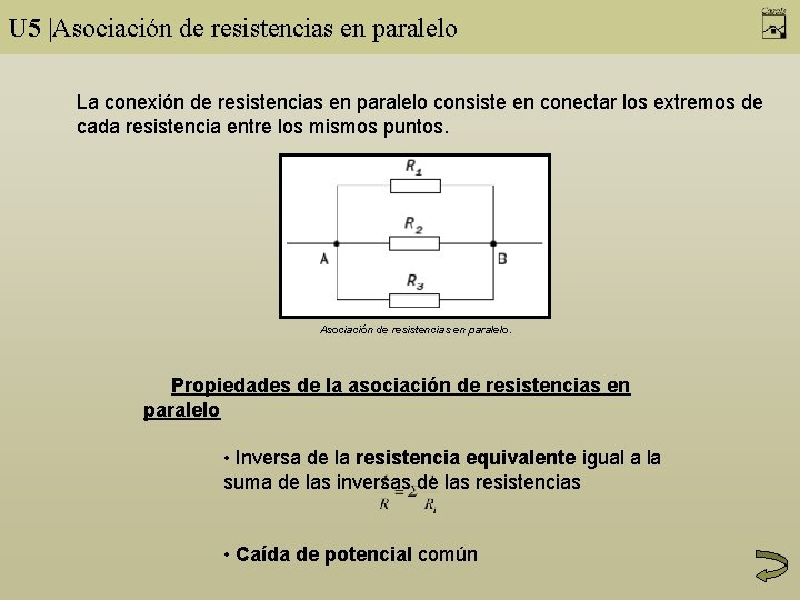 U 5 |Asociación de resistencias en paralelo La conexión de resistencias en paralelo consiste
