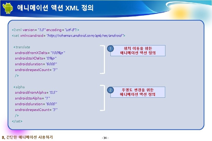 애니메이션 액션 XML 정의 <? xml version="1. 0" encoding="utf-8"? > <set xmlns: android="http: //schemas.