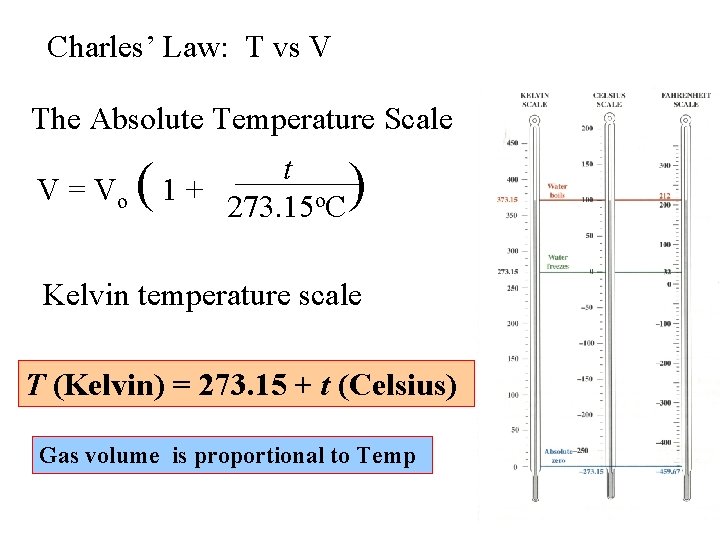 Charles’ Law: T vs V The Absolute Temperature Scale V = Vo ( t