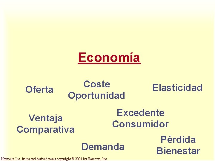 Economía Oferta Coste Oportunidad Elasticidad Excedente Consumidor Ventaja Comparativa Demanda Harcourt, Inc. items and