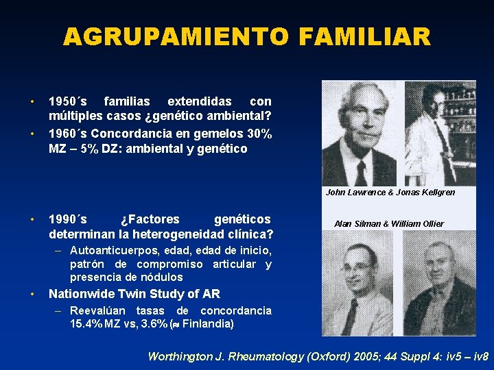 AGRUPAMIENTO FAMILIAR • • 1950´s familias extendidas con múltiples casos ¿genético ambiental? 1960´s Concordancia
