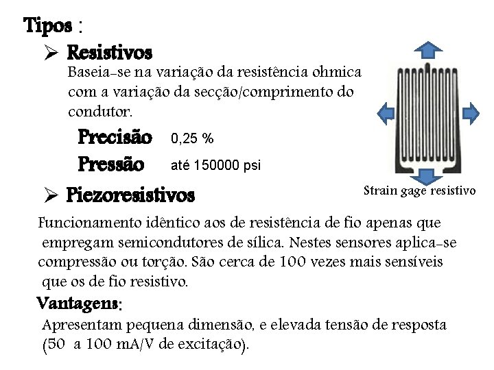 Tipos : Ø Resistivos Baseia-se na variação da resistência ohmica com a variação da