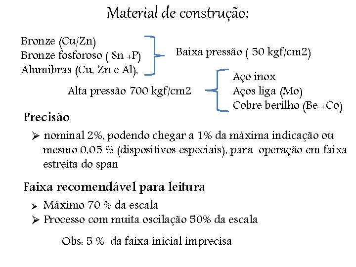 Material de construção: Bronze (Cu/Zn) Bronze fosforoso ( Sn +P) Alumibras (Cu, Zn e