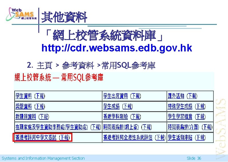 其他資料 「網上校管系統資料庫」 http: //cdr. websams. edb. gov. hk 2. 主頁 > 參考資料 >常用SQL參考庫 Systems