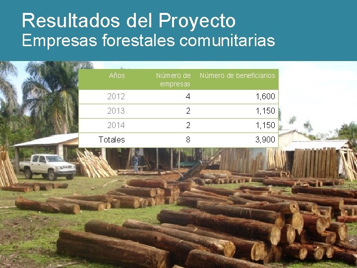 Resultados del Proyecto Empresas forestales comunitarias Años Número de empresas Número de beneficiarios 2012
