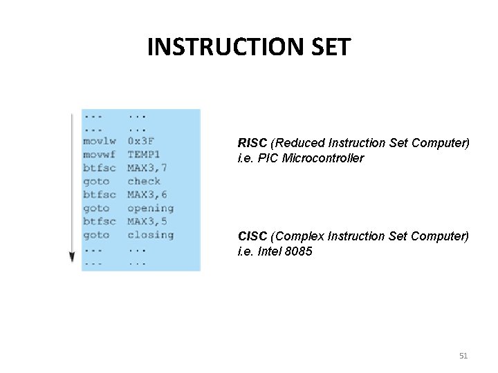 INSTRUCTION SET RISC (Reduced Instruction Set Computer) i. e. PIC Microcontroller CISC (Complex Instruction