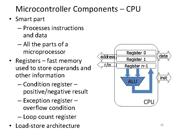 Microcontroller Components – CPU • Smart part – Processes instructions and data – All