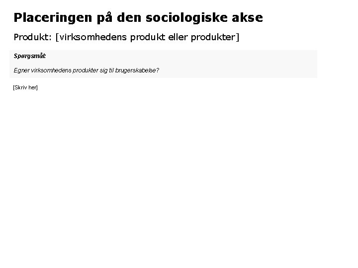 Placeringen på den sociologiske akse Produkt: [virksomhedens produkt eller produkter] Spørgsmål: Egner virksomhedens produkter