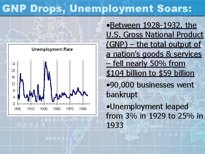GNP Drops, Unemployment Soars: • Between 1928 -1932, the U. S. Gross National Product