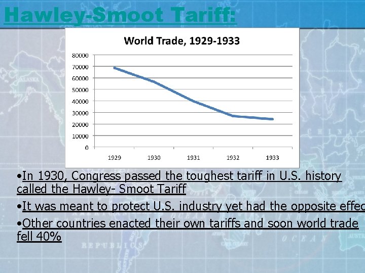 Hawley-Smoot Tariff: • In 1930, Congress passed the toughest tariff in U. S. history