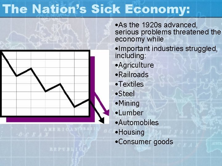 The Nation’s Sick Economy: • As the 1920 s advanced, serious problems threatened the