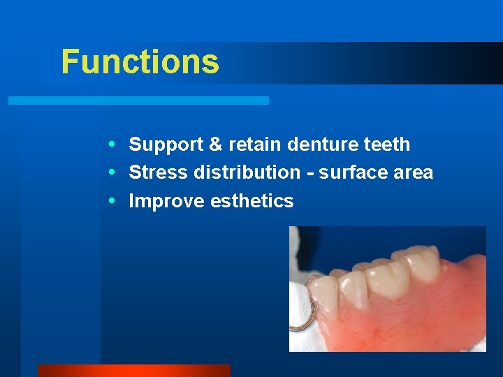 Functions Support & retain denture teeth Stress distribution - surface area Improve esthetics 