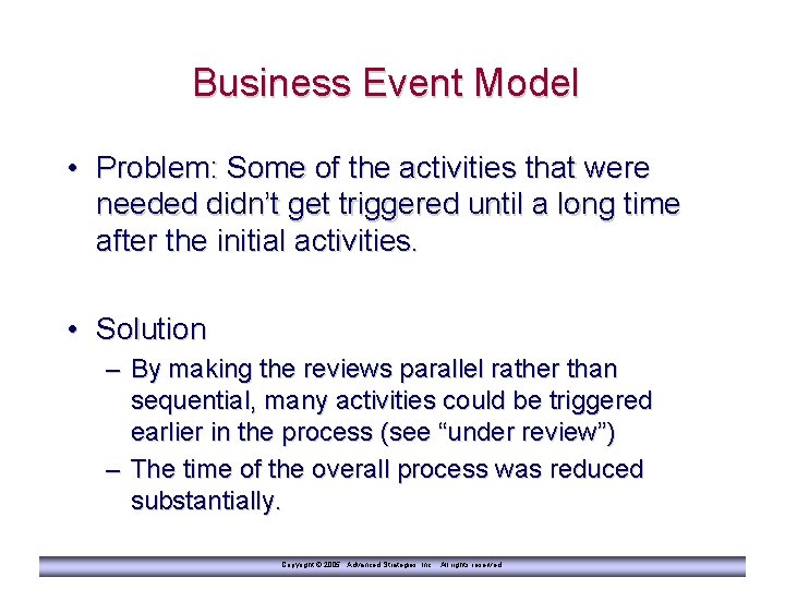 Business Event Model • Problem: Some of the activities that were needed didn’t get