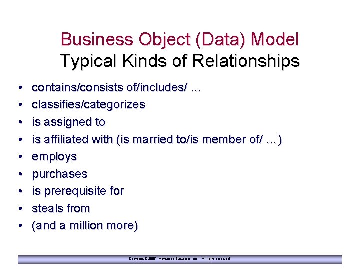 Business Object (Data) Model Typical Kinds of Relationships • • • contains/consists of/includes/ …