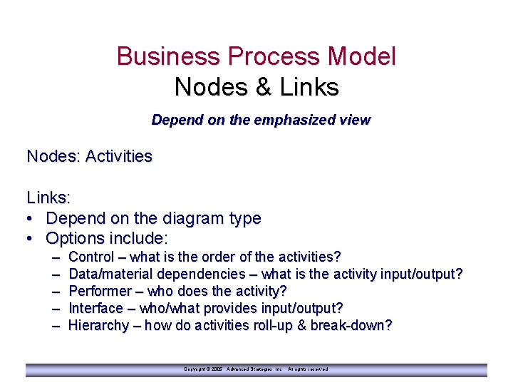 Business Process Model Nodes & Links Depend on the emphasized view Nodes: Activities Links: