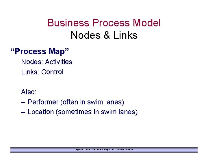 Business Process Model Nodes & Links “Process Map” Nodes: Activities Links: Control Also: –