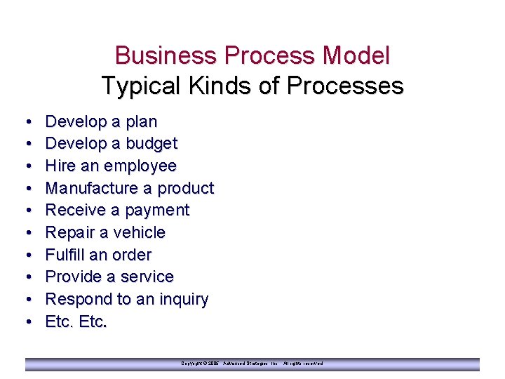 Business Process Model Typical Kinds of Processes • • • Develop a plan Develop