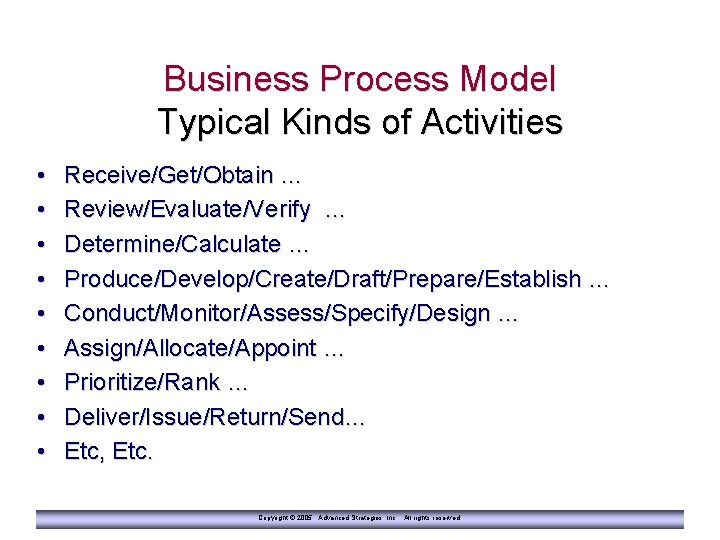 Business Process Model Typical Kinds of Activities • • • Receive/Get/Obtain … Review/Evaluate/Verify …