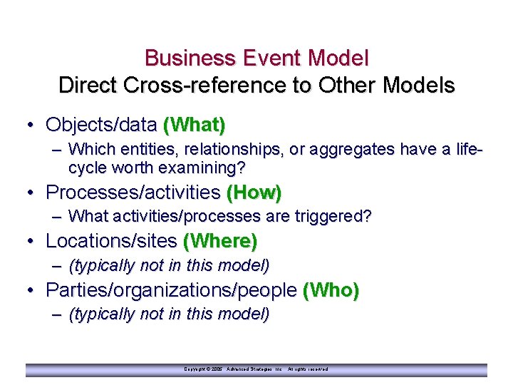 Business Event Model Direct Cross-reference to Other Models • Objects/data (What) – Which entities,