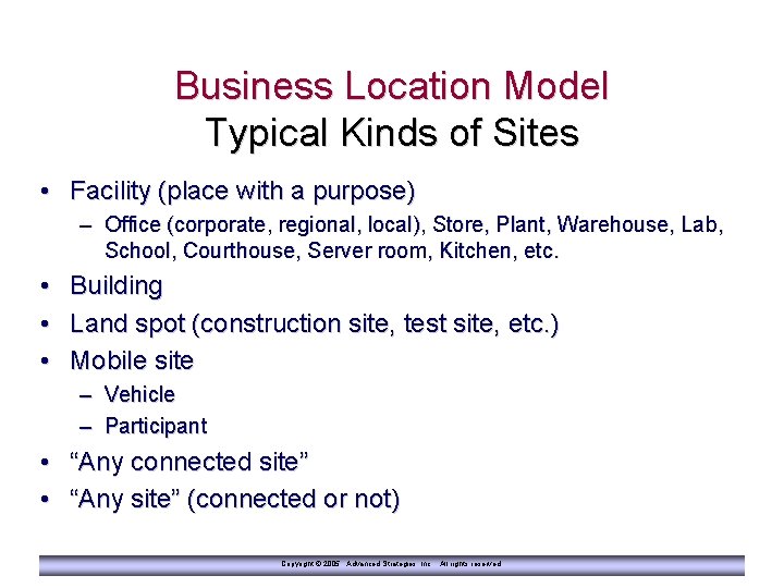 Business Location Model Typical Kinds of Sites • Facility (place with a purpose) –