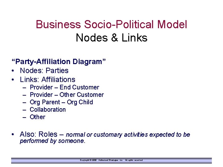 Business Socio-Political Model Nodes & Links “Party-Affiliation Diagram” • Nodes: Parties • Links: Affiliations