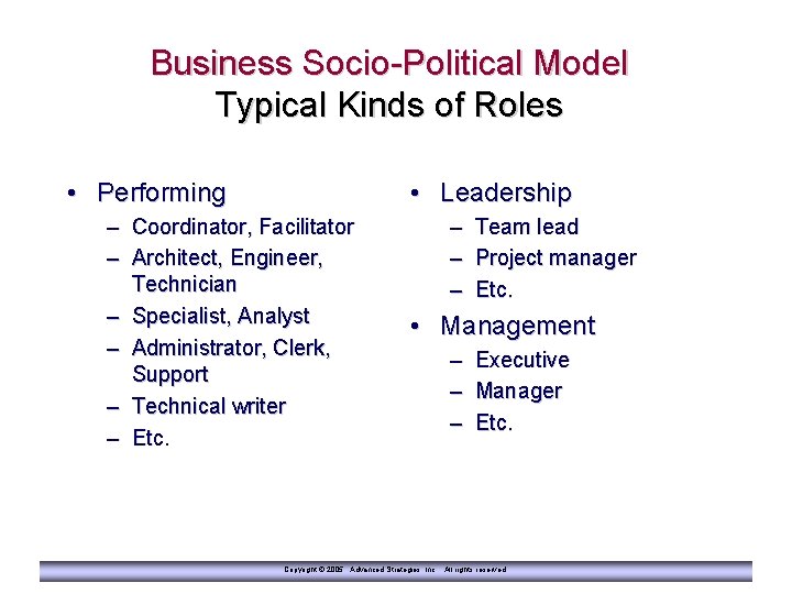 Business Socio-Political Model Typical Kinds of Roles • Performing • Leadership – Coordinator, Facilitator