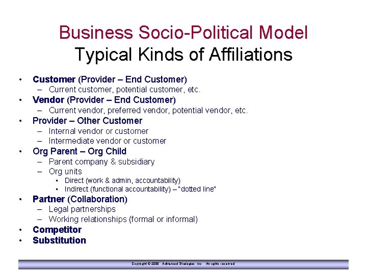 Business Socio-Political Model Typical Kinds of Affiliations • Customer (Provider – End Customer) •