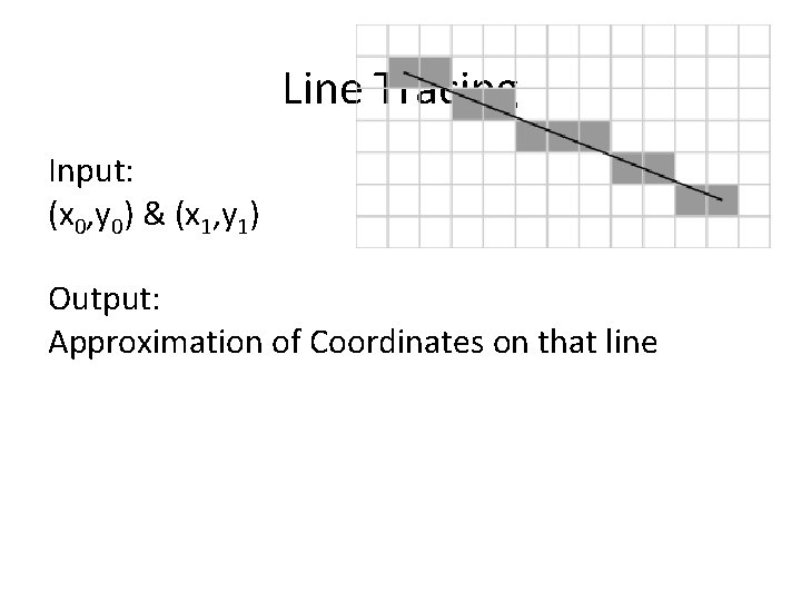 Line Tracing Input: (x 0, y 0) & (x 1, y 1) Output: Approximation