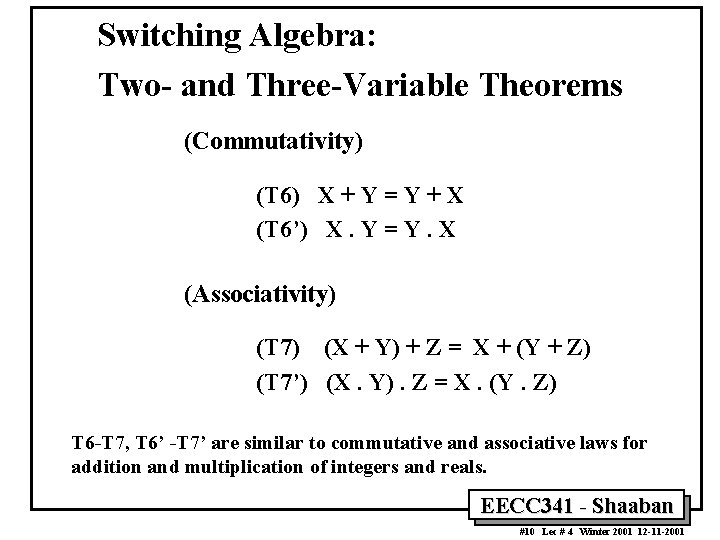 Switching Algebra: Two- and Three-Variable Theorems (Commutativity) (T 6) X + Y = Y