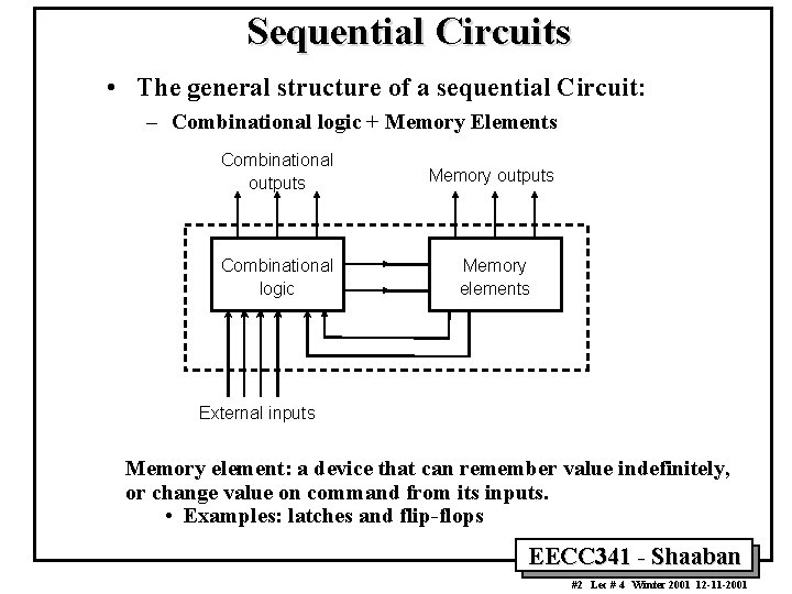 Sequential Circuits • The general structure of a sequential Circuit: – Combinational logic +