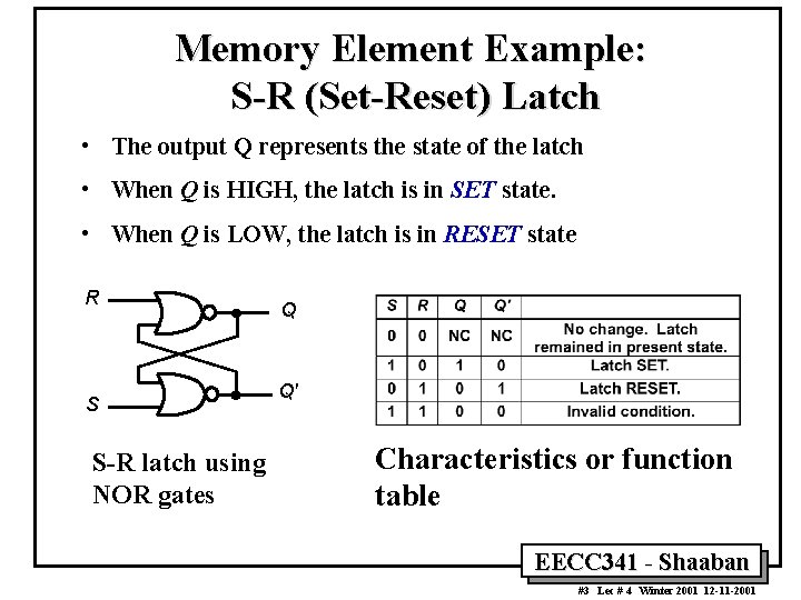 Memory Element Example: S-R (Set-Reset) Latch • The output Q represents the state of