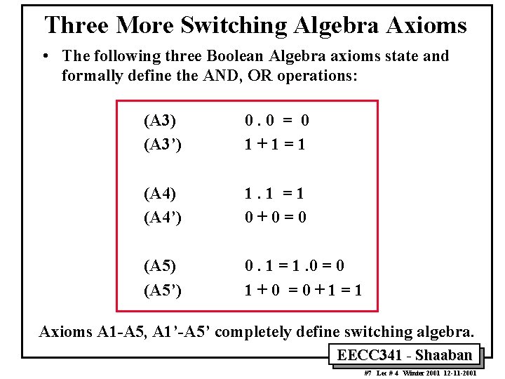 Three More Switching Algebra Axioms • The following three Boolean Algebra axioms state and