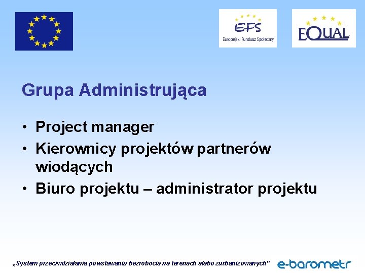 Grupa Administrująca • Project manager • Kierownicy projektów partnerów wiodących • Biuro projektu –