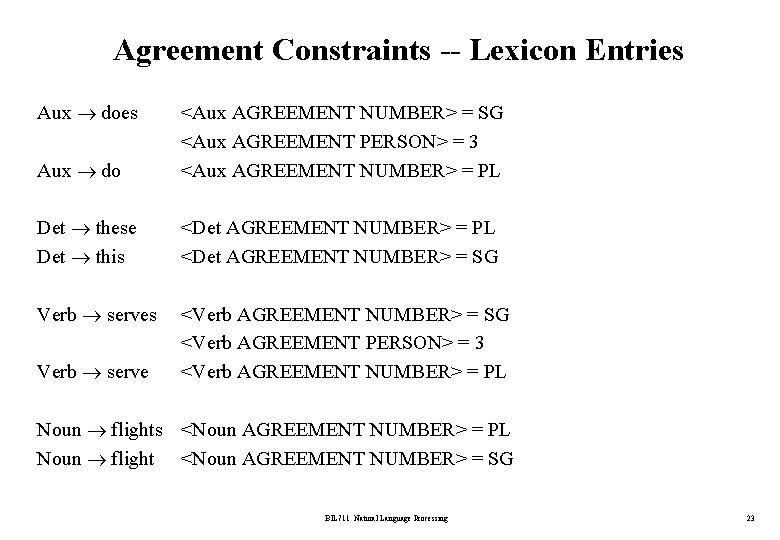 Agreement Constraints -- Lexicon Entries Aux do <Aux AGREEMENT NUMBER> = SG <Aux AGREEMENT