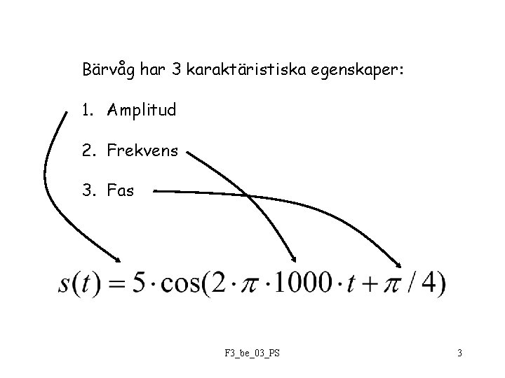 Bärvåg har 3 karaktäristiska egenskaper: 1. Amplitud 2. Frekvens 3. Fas F 3_be_03_PS 3