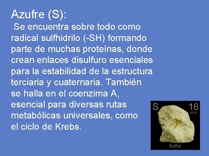 Azufre (S): Se encuentra sobre todo como radical sulfhidrilo (-SH) formando parte de muchas