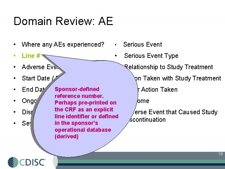 Domain Review: AE • Where any AEs experienced? • Serious Event • Line #