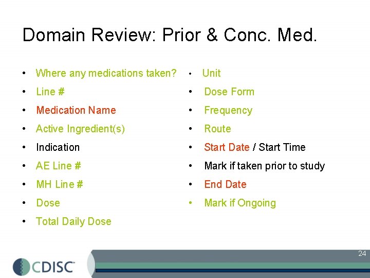 Domain Review: Prior & Conc. Med. • Where any medications taken? • Unit •